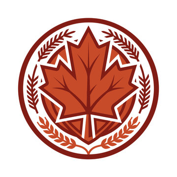 Vintage retro maple leaf crest design featuring a bold red leaf, green evergreen branches, and golden wheat stalks in a classic circular emblem style.