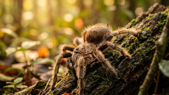 curly hair tarantula in costa rica rainforest golden light close up video