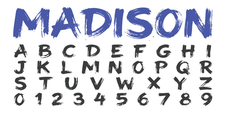 Alphabet and numbers set with a creative artistic brush stroke texture in black and a blue sample word style