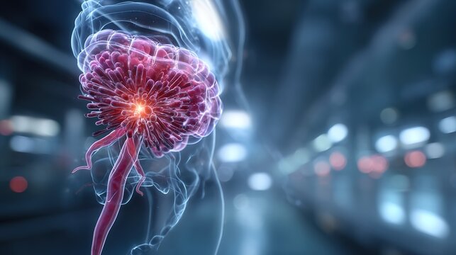 Medical 3D illustration of intestinal polyps inside human large intestine, close-up endoscopic view showing benign abnormal tissue growth on colon wall, digestive system disorder, gastrointestinal 