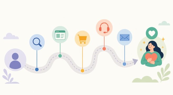 Flat infographic illustration a customer journey map touchpoint icons representing key stages in the user experience process