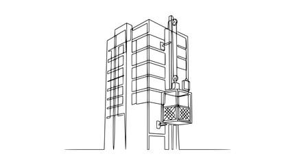 Minimalist line art drawing of a modern building with an external elevator shaft and cage © Wachi