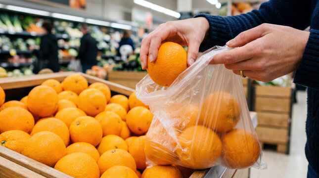 I pick out oranges at the supermarket and put them in a plastic bag.