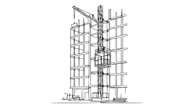 Construction Crane and Skyscraper Under Development, Sketch Style