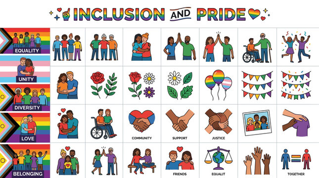 Equality, Inclusion, Diversity, Love, and Belonging Symbols for Pride and Community Celebration