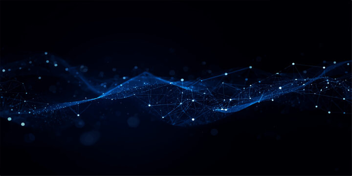 Abstract futuristic blue digital wave network background with glowing particles, luminous plexus mesh, flowing data streams, and cyber technology visualization