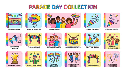 Fototapeta premium Parade Day Collection of Pride and Community Icons for Festive Celebrations and Events