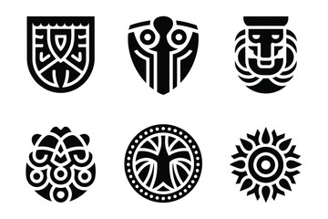 Fototapeta premium Abstract tribal shields and ethnic symbols icon collection with geometric, silhouette
