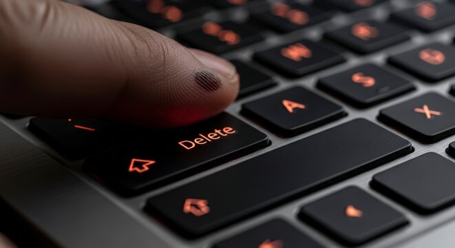 Finger pressing delete keyboard button closeup.