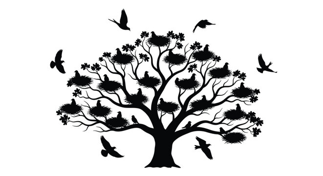 Tree With Nests And Birds Silhouette trees