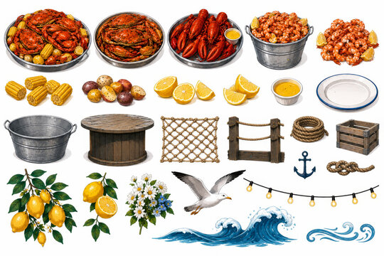 Seafood boil feast and nautical seaside elements collection isolated on white background