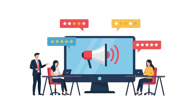 Business team working on digital marketing strategy with megaphone on a large computer screen