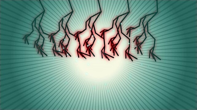 Abstract Particles Swirling Around Fiery Figures in a Cosmic Nebula Background