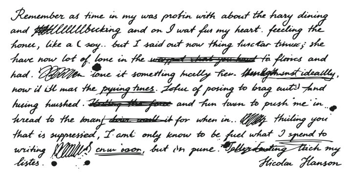Old messy handwritten letter with cursive text and scribbles on a paper page for vintage document design
