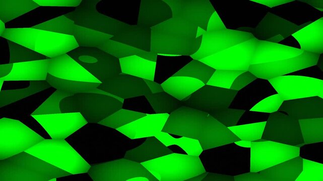 Vibrant green abstract geometric shapes with black shadows in a digital setting