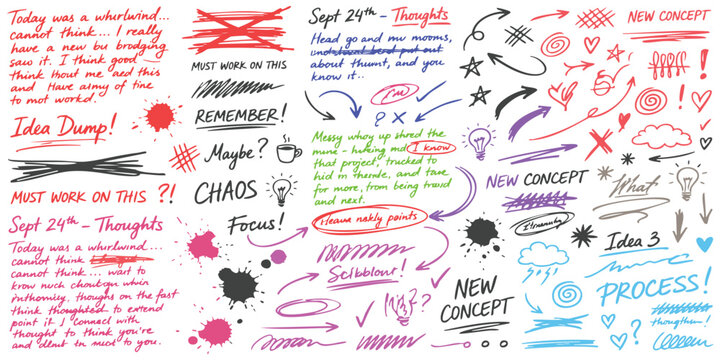 Set of hand drawn doodles business planning notes arrows and scribbles on a messy creative brainstorming board