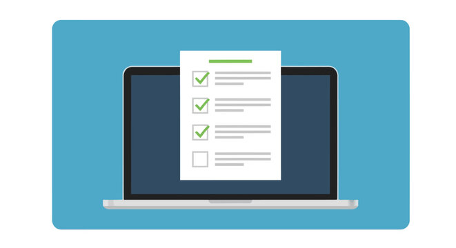 Laptop computer screen showing a paper document with a green check mark checklist task list