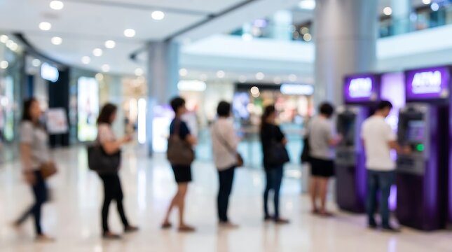 Group of people standing in long queue waiting to use automated teller machines in modern shopping mall hallway with soft focus background and bright interior lighting illumination