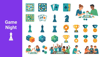 Fototapeta premium Diverse collection of icons representing various games, from board games and cards to dice and tabletop RPGs, perfect for illustrating a fun game night