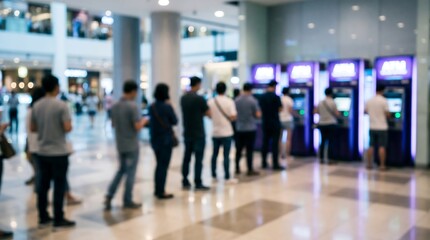 Fototapeta premium People standing in a row waiting to use automated teller machines in a bright modern shopping mall with a soft focus background and professional interior lighting atmosphere
