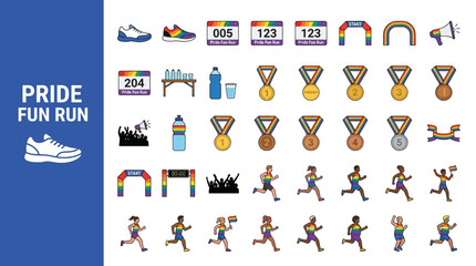 Fototapeta premium Set of diverse icons celebrating a pride fun run, featuring runners, medals, and rainbow elements for events and inclusivity