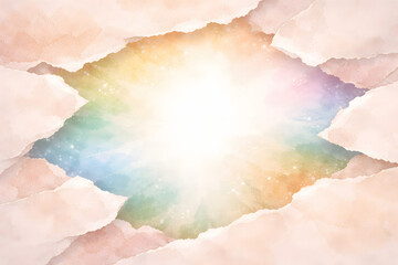 Obraz premium Elegant Japanese Washi paper background with dramatic torn paper edges opening to radiant pastel rainbow lights. generated by AI.