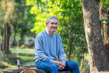 Obraz premium portrait smiling senior man resting in nature,sitting on a log in the forest,elderly pensioner lifestyle,travel,relaxation