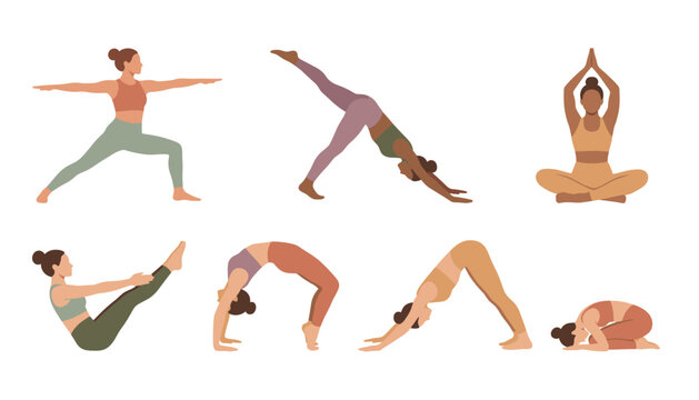Women yoga pose fitness workout vector character collection. Featuring warrior, downward dog, lotus meditation, bridge, boat, and child poses isolated on transparent background.