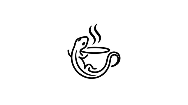 Minimalist lizard shaped coffee cup line art logo design.