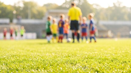 Obraz premium Blurred youth soccer match with referee standing in middle of green field during sunny day in local stadium for youth sports tournament and healthy lifestyle competition