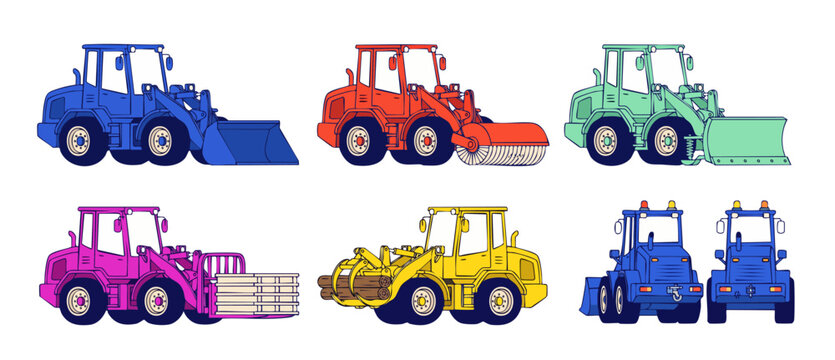 Construction vehicle tractor icon set featuring loader bucket, sweeper brush, snowplow blade, pallet fork, and log grabber attachments for industrial and municipal works, isolated vector illustration.