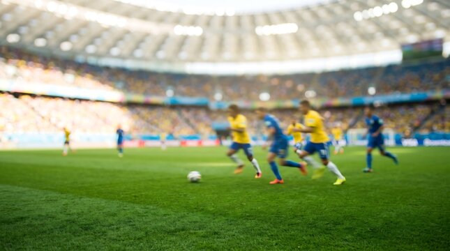 Blurred motion of professional soccer players competing for ball possession in large crowded stadium during competitive match under bright evening floodlights on lush green grass field