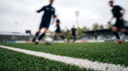 Obraz premium Blurred soccer players running on green grass field during intense match with white sideline marking in sharp focus in foreground at stadium under overcast sky during competitive game