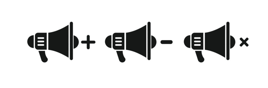 Megaphone Volume Control Vector Icons with Volume Up, Volume Down and Mute Speaker Symbols