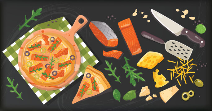 salmon Pizza Mediterranean recipe constructor illustration chalkboard background dough base sauce topped fish and cheese food ingredients menu design book recipes cooking class Italian cafe pizzeria