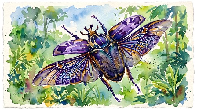 Vibrant Tropical Watercolor Flying Goliath Beetle with Geometric Underwing Pattern