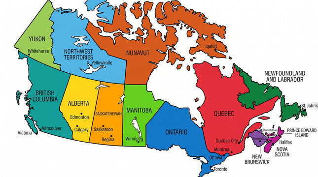 Political map of canada with colorful regions and divisions, provinces