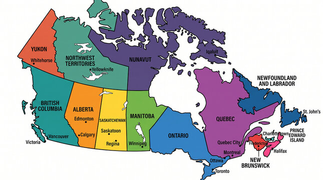 Detailed political map of canada with color-coded regions and labels