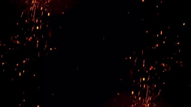 Dark Black Fire Sparks Embers Flying Abstract Background, Orange Red Glowing Particle Flame Ash Cinematic Dramatic Motion Video Backdrop