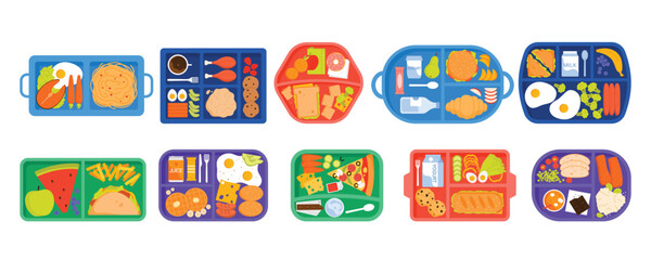 Naklejka premium Lunchboxes set for school lunch and breakfast, picnic of kids. Top view of plastic trays and containers with packed fresh homemade food and drink, fruit and healthy snacks cartoon vector illustration