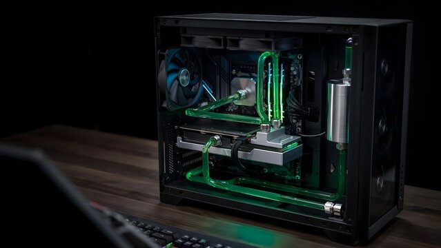 Custom-built Gaming Computer with Liquid Cooling System and RGB Lighting