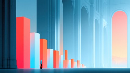 Obraz premium Colorful Neon Bar Graphs In Grand Architectural Hall.