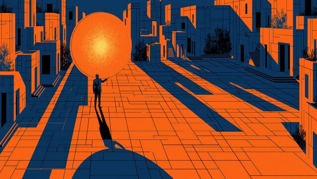 Businessman Carrying Glowing Orange Sun Sphere.