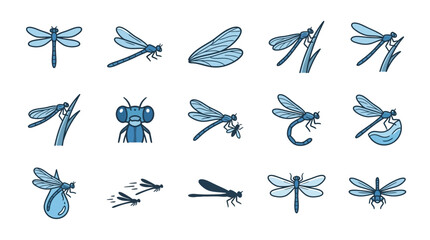 Blue dragonfly line art sketches collection. © Talefi