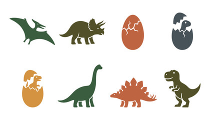 Cute dinosaur silhouette vector icon element set. Featuring tyrannosaurus rex, triceratops, stegosaurus, brachiosaurus, pterodactyl, and hatching eggs isolated on transparent background. © Creative Studio 