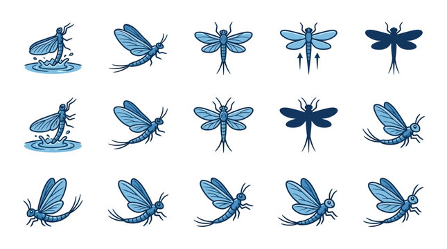 Blue damselfly silhouette icons.