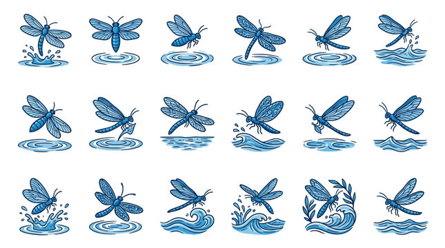 Blue dragonfly sketches with water ripples.