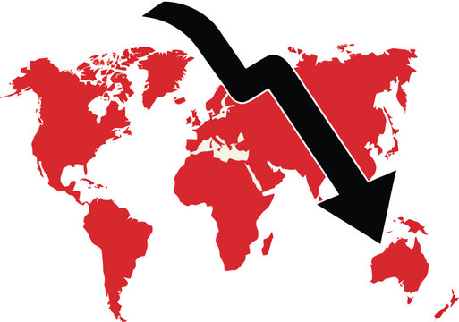 Global Downward Trend, World Map, Red, Decline, Economic Downturn