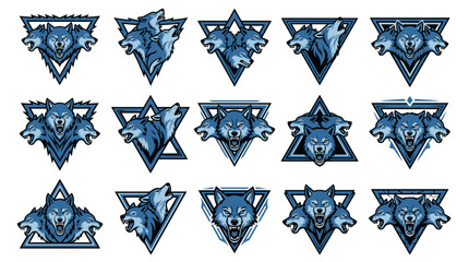 Blue wolf head logos in triangular geometric frames. © Talefi