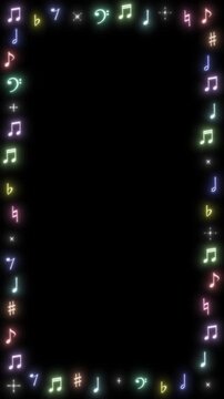 カラフルにキラキラと発光する手書きの音符や音楽記号が波打ちして画面を囲むループ枠素材